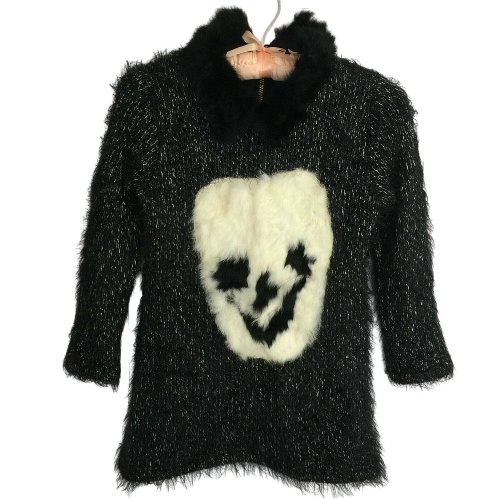 Vtg Designer Sweater Sz XS Fleece Lined Rabbit Fur Smily Face Applique Collared